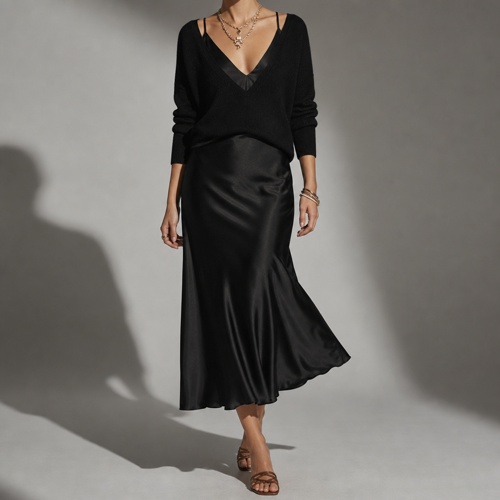 Draped satin midi dress and cardigan set, front view