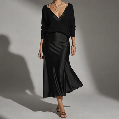Draped satin midi dress and cardigan set, front view