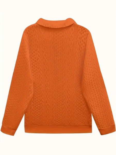 Zip-up cable sweater shown in a sixth colourway