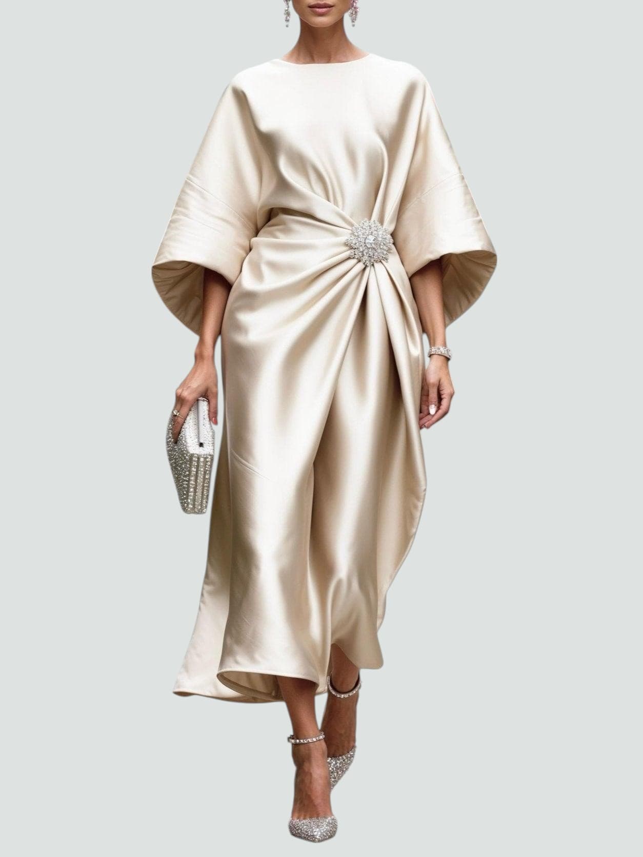 Draped midi dress seen at full length