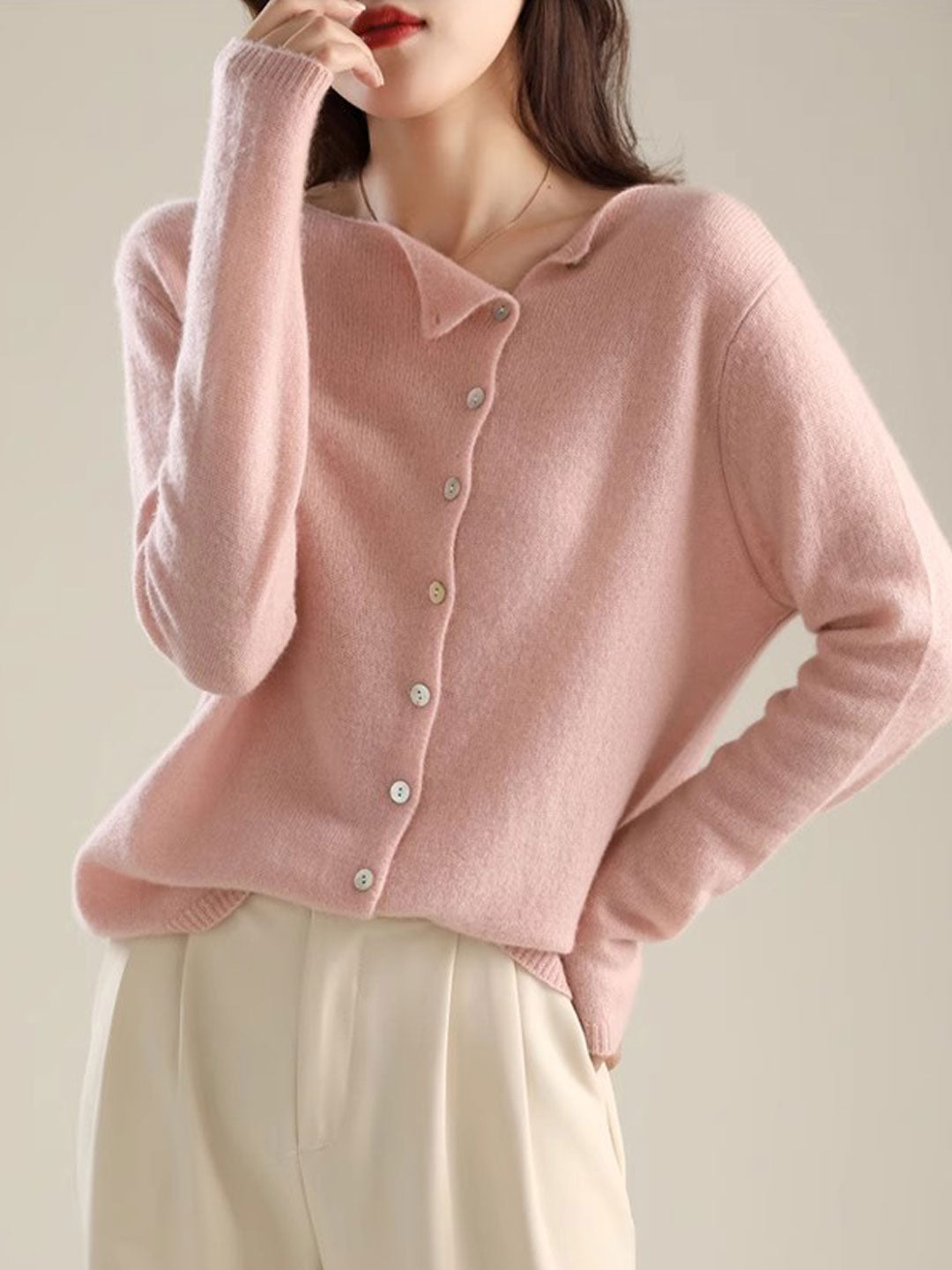 Open-front cardigan shown draped