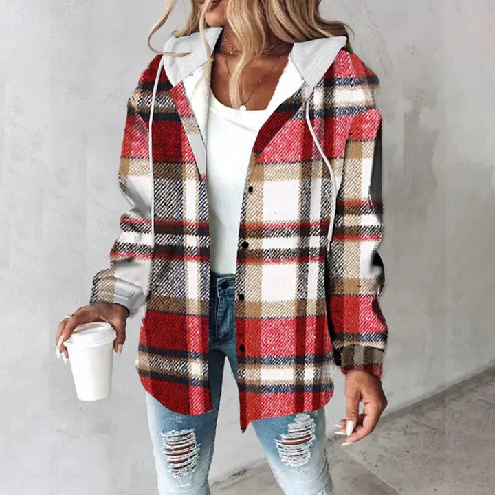 Lined cardigan showing the check pattern