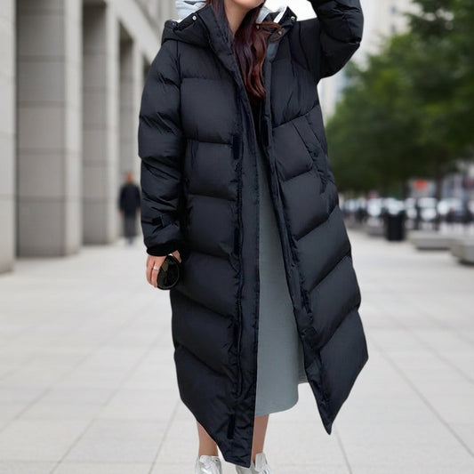 Long quilted hooded puffer coat, front view
