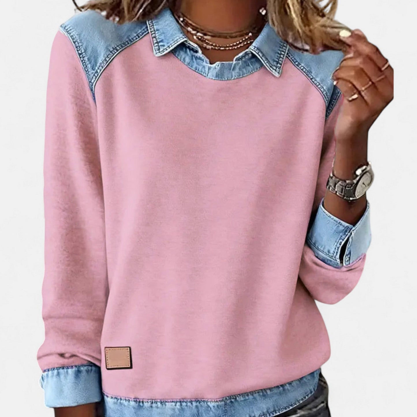 Fine-knit sweater showing the neckline