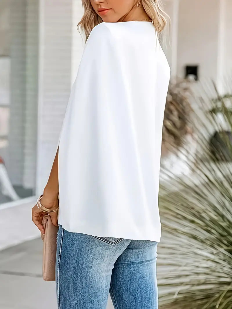 Cape-sleeve blazer shown standing