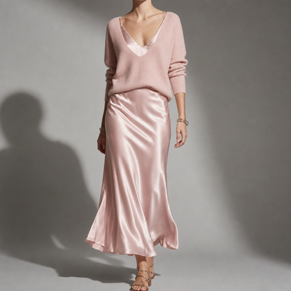 Draped midi dress and cardigan set shown in a second colourway
