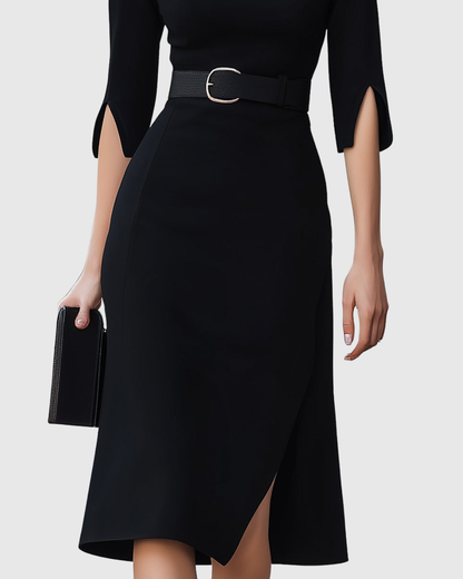 Mathilde | Belted Black Midi Dress