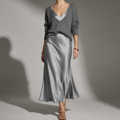 Draped midi dress and cardigan set shown in a third colourway