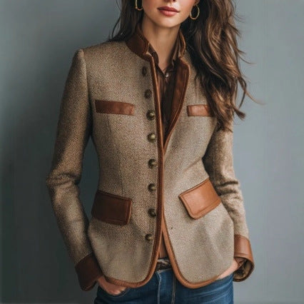 Heritage tweed jacket with faux-leather trim, front view
