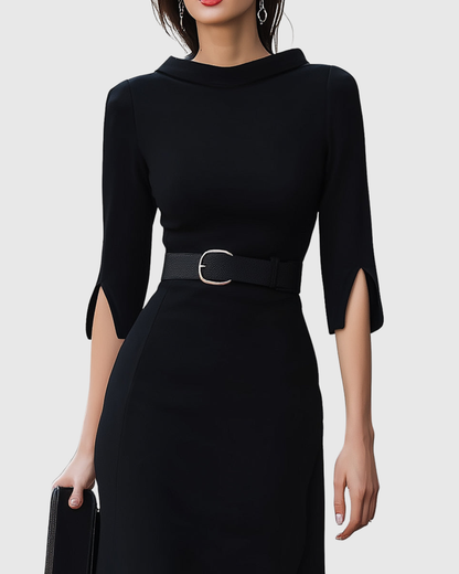 Mathilde | Belted Black Midi Dress