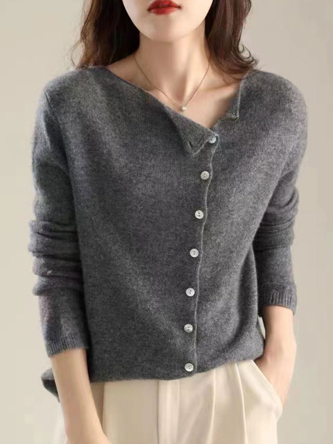 Draped open-front cardigan shown in a fourth colourway