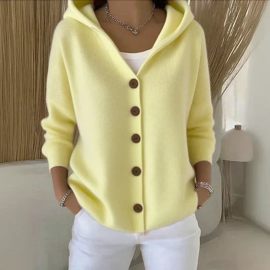Hooded button cardigan with front pockets, front view