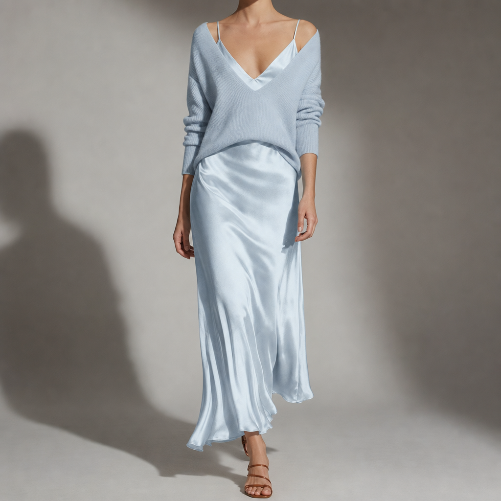 Draped midi dress and cardigan set shown in a fourth colourway