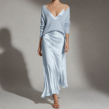 Draped midi dress and cardigan set shown in a fourth colourway