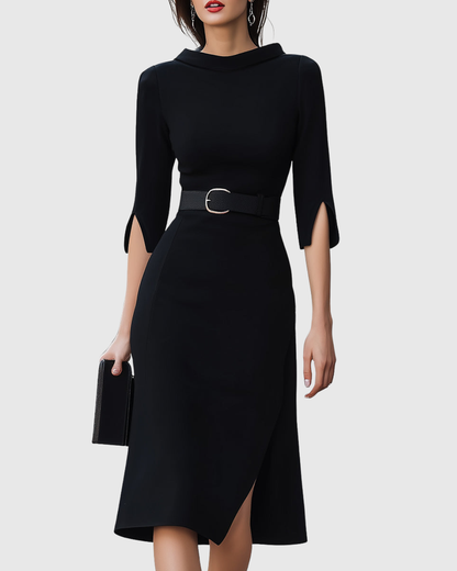 Mathilde | Belted Black Midi Dress