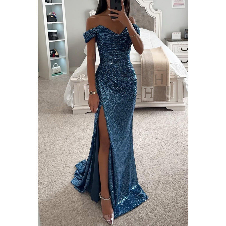 Off-shoulder maxi dress seen at full length