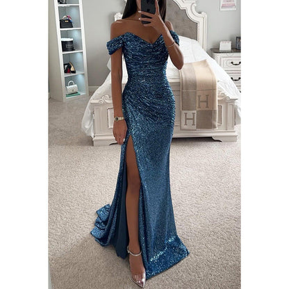 Off-shoulder maxi dress seen at full length