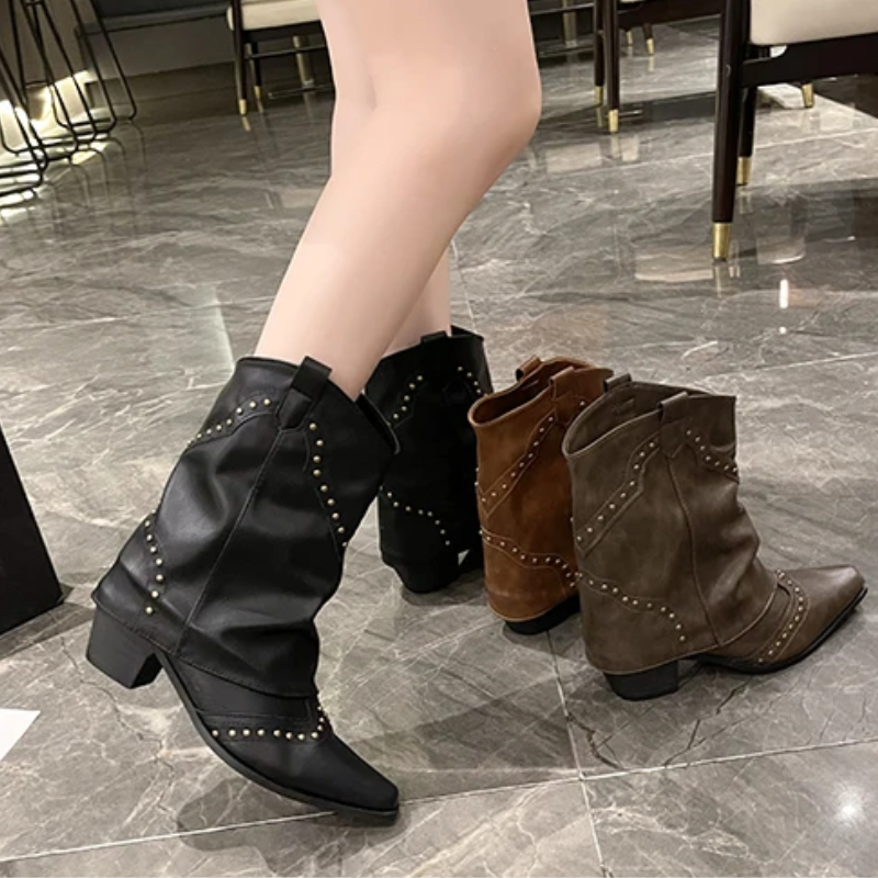 Western boots showing the studded detail and heel