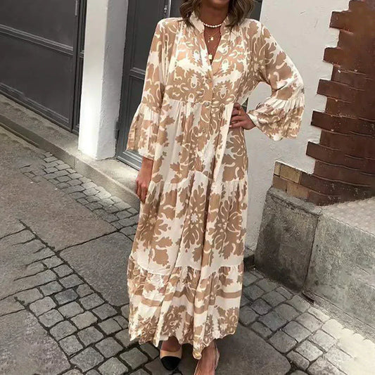 Boho printed midi dress with long sleeves, front view