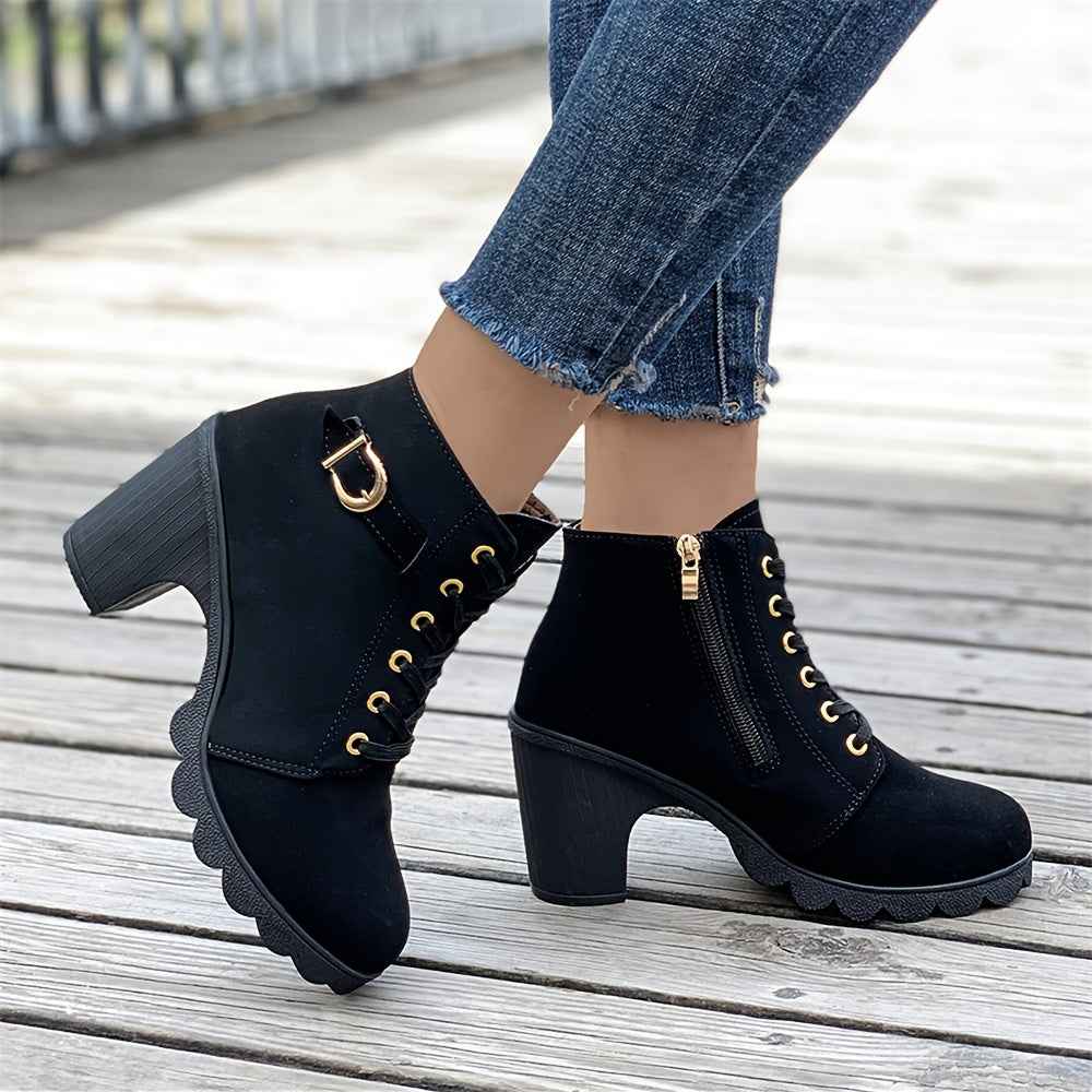 Lace-up ankle boots with a chunky block heel, side view