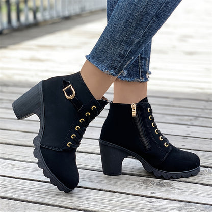 Lace-up ankle boots with a chunky block heel, side view