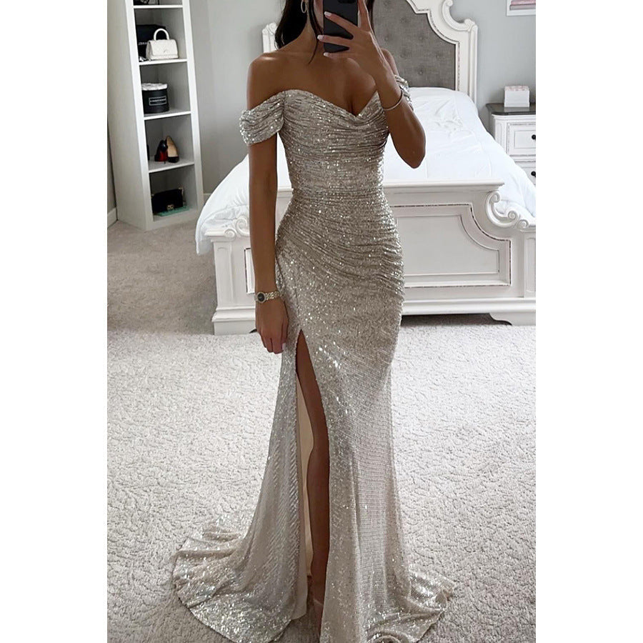 Sequin maxi dress shown from the side