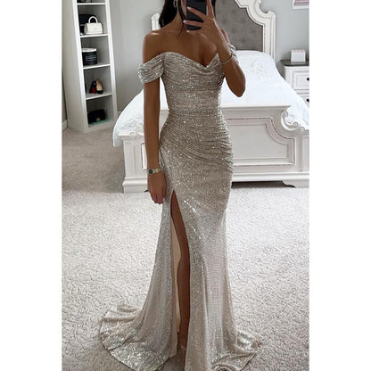 Sequin maxi dress shown from the side
