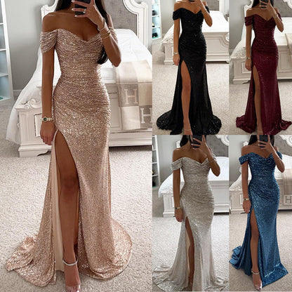 Off-shoulder sequin dress showing the skirt drape
