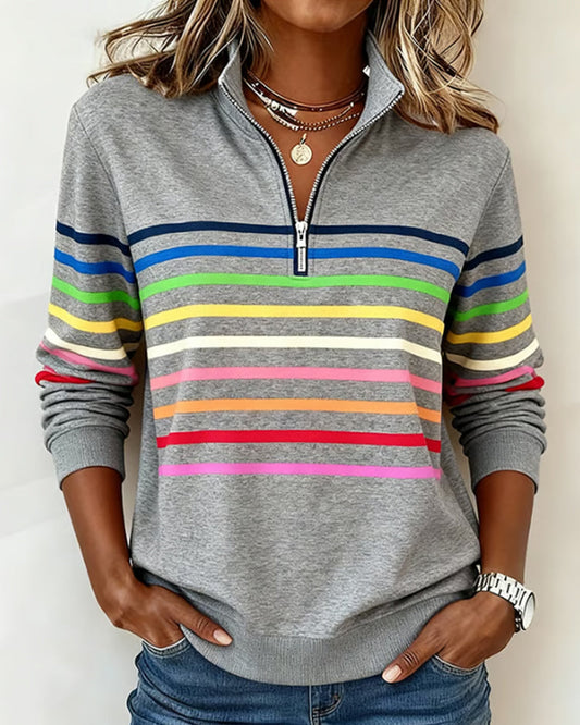 Colourful quarter-zip top, front view