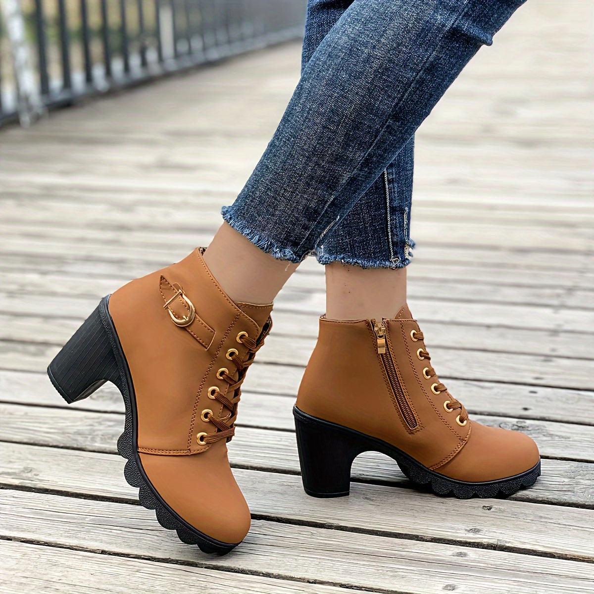 Chunky heel boots shown in a third colourway