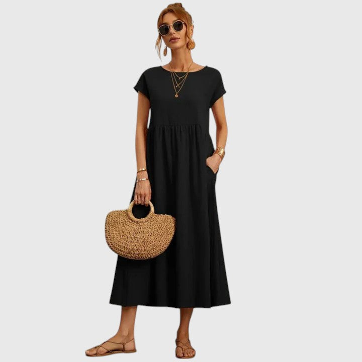 Fiona | Short-Sleeve Midi Dress with Pockets