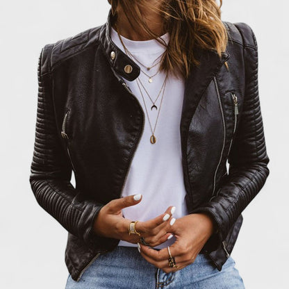 Fitted black moto jacket with an asymmetrical zip, front view