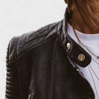 Black moto jacket showing the stand collar and snap fastening