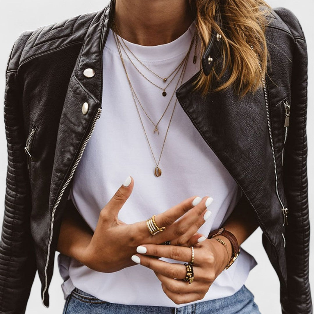 Black moto jacket showing the stand collar and zip pockets