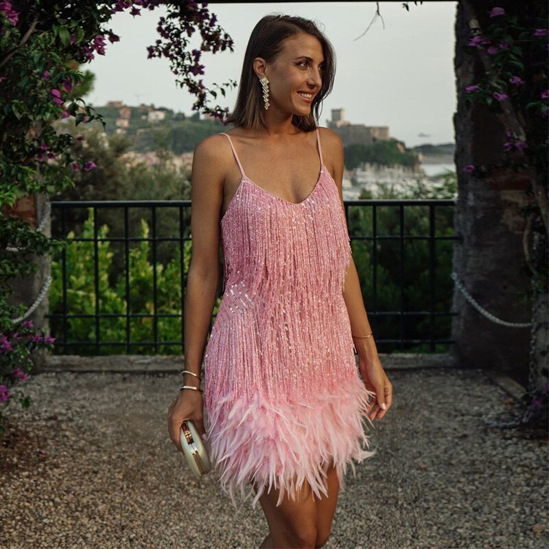 Bambi | Feather Trim Mini Dress