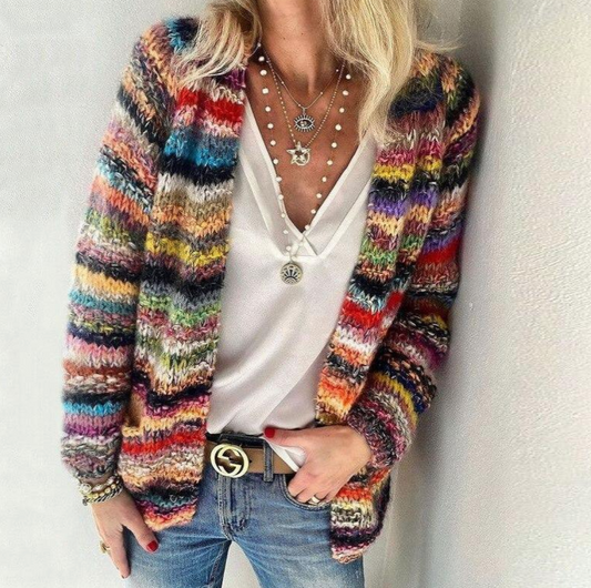 Striped open-front knit cardigan, front view