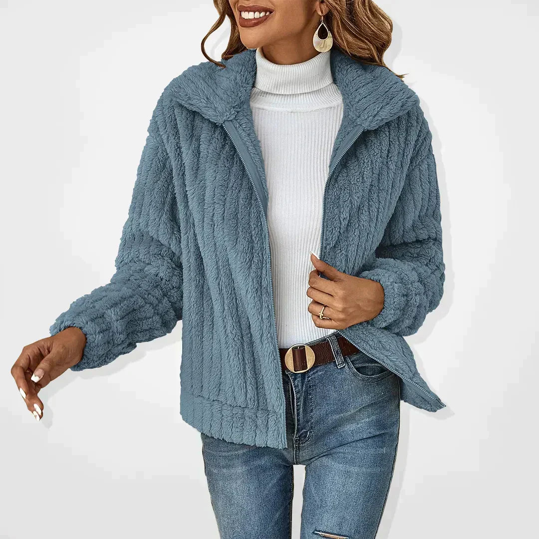 Plush cardigan shown in blue