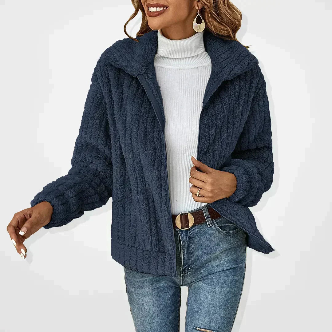 Wide-collar cardigan shown in navy blue