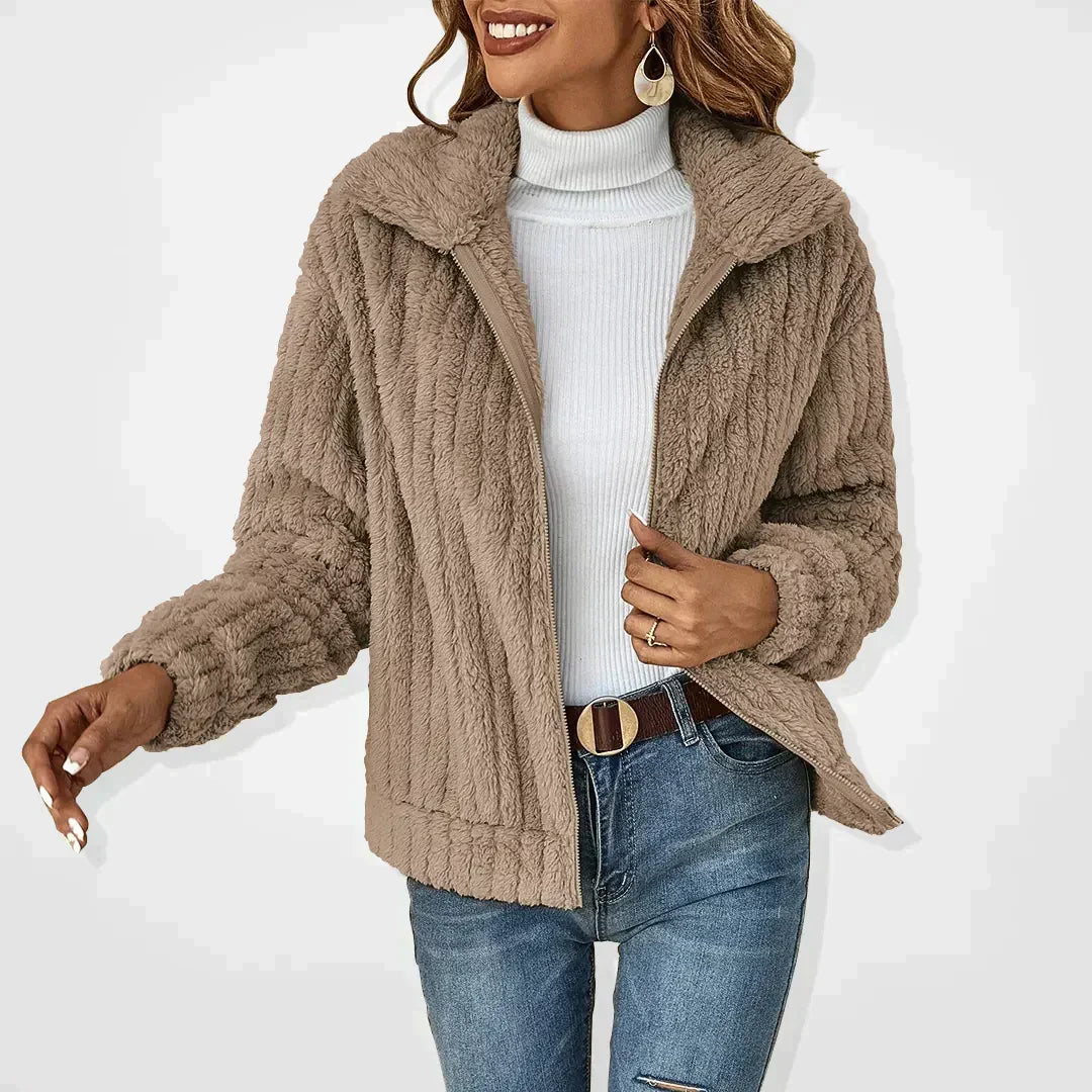 Plush cardigan with a wide collar, front view