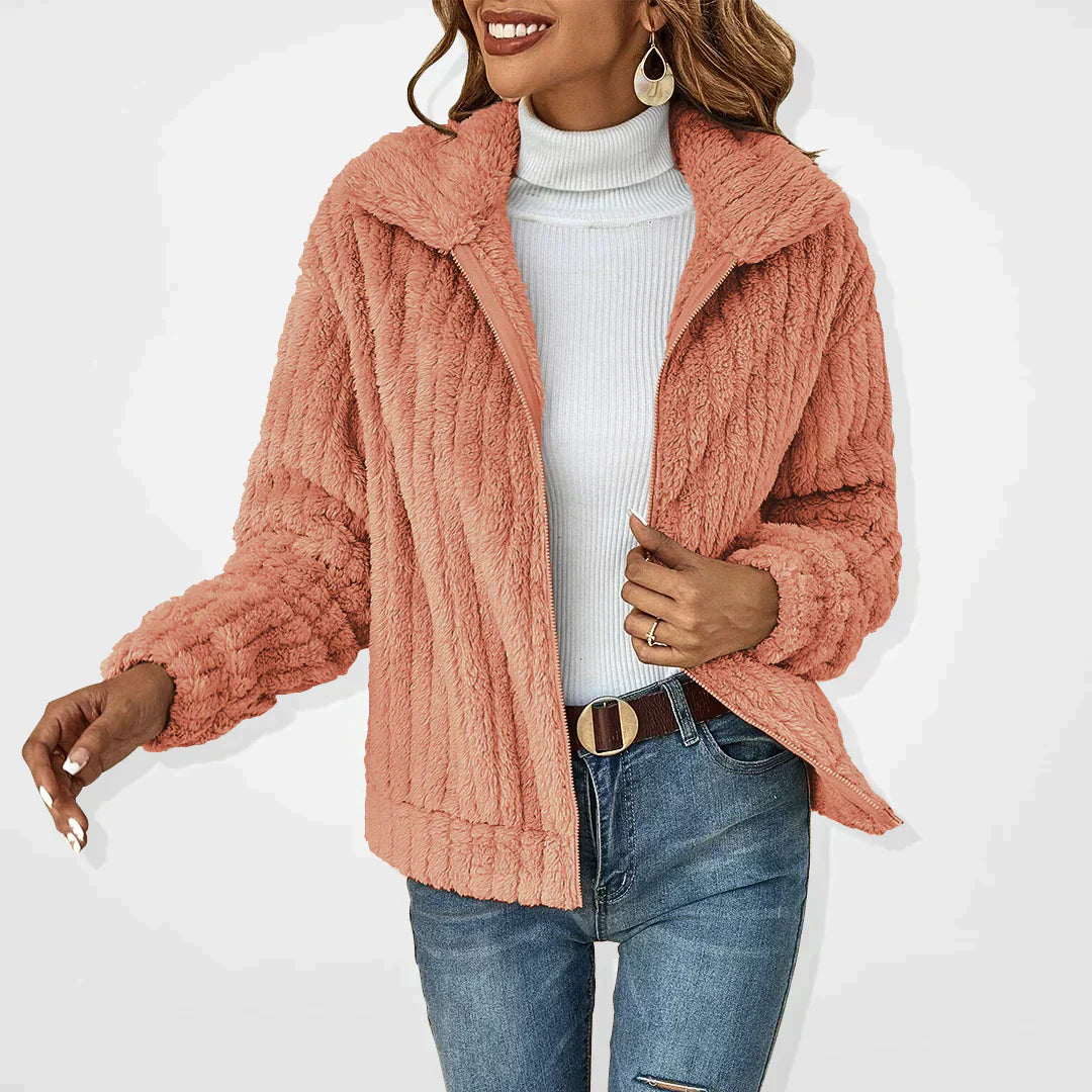 Plush cardigan shown in pink