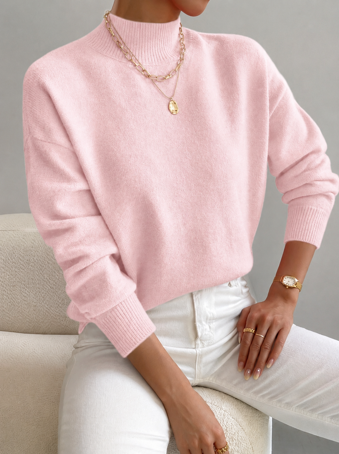 Turtleneck sweater shown in a styled setting