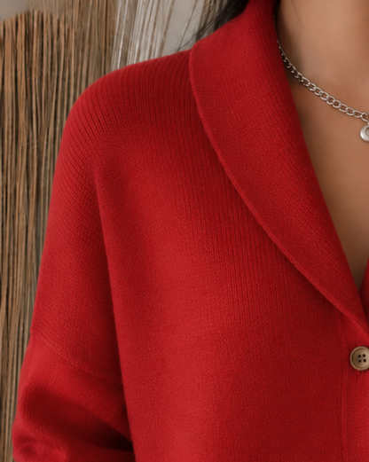 Button-front cardigan shown from the side