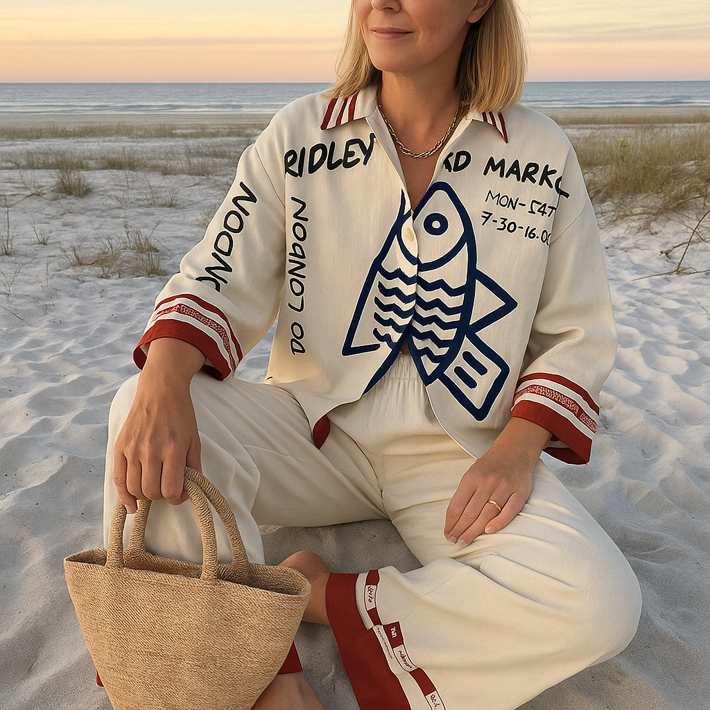 Michelle | Complete linen set with blue fish print