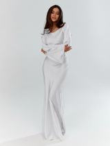 Floor-length maxi dress with draped long sleeves, front view