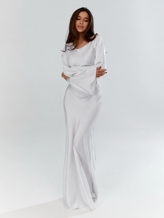 Floor-length maxi dress with draped long sleeves, front view