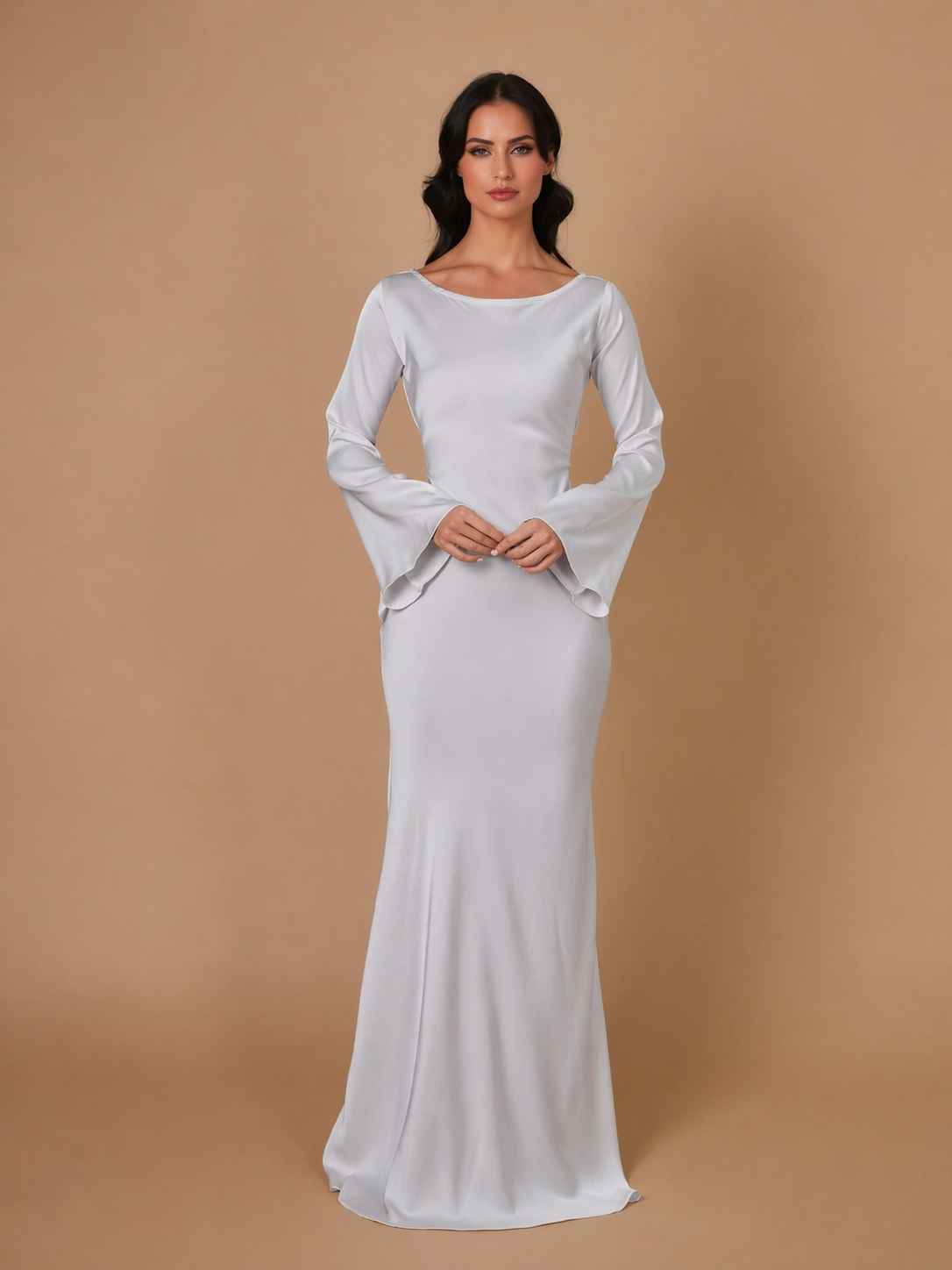 Maxi dress showing the draped sleeve at the wrist