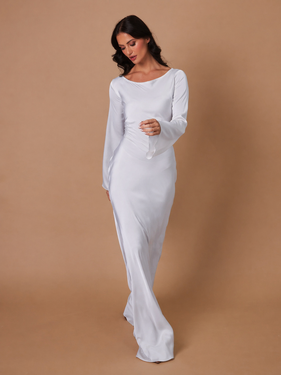 Maxi dress showing the draped sleeve detail