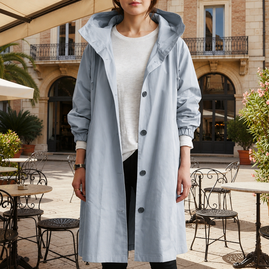 Hooded waterproof trench coat, front view