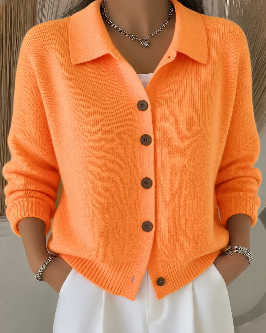 Collared cardigan seen at full length
