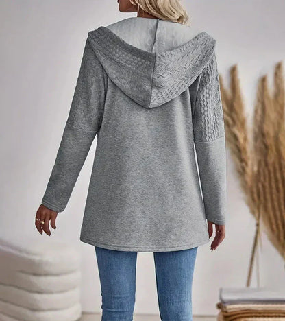Zip hoodie showing the hood and full-length zip